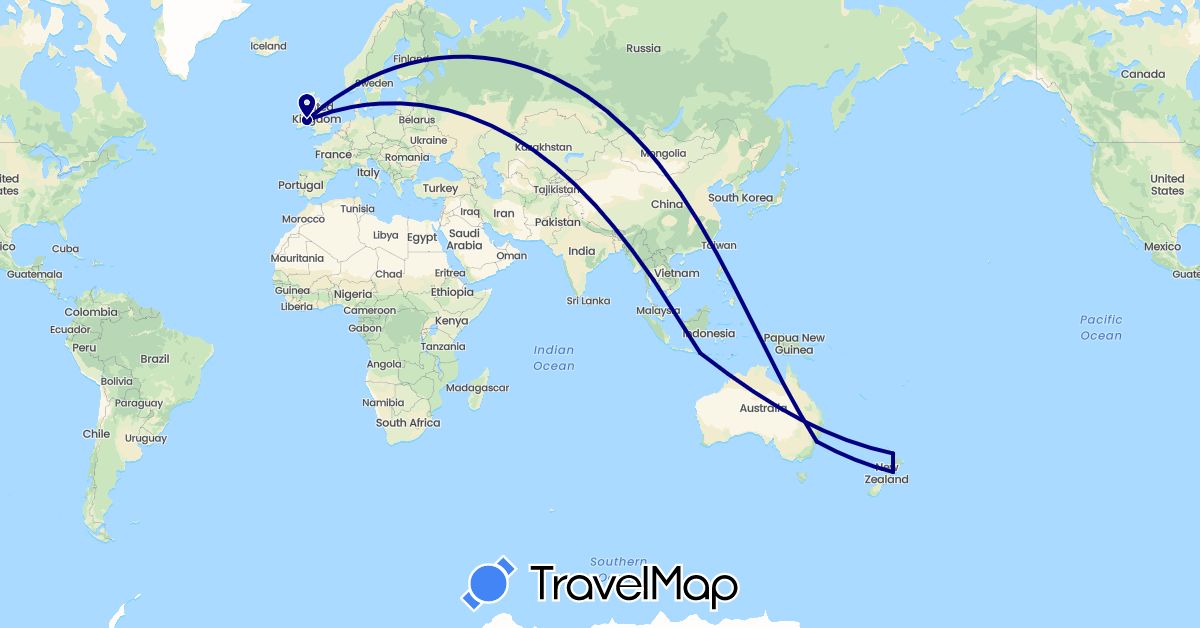TravelMap itinerary: driving in Australia, Indonesia, Ireland, New Zealand, Thailand (Asia, Europe, Oceania)